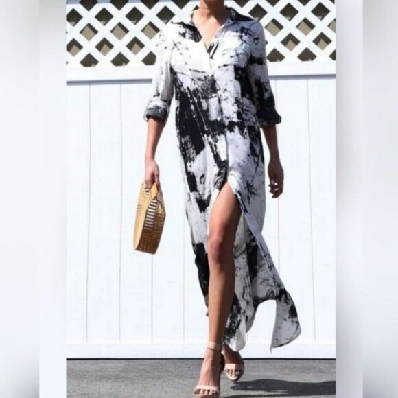 Boutique Dress Day Abstract Oversized Button Front Shirt Dress Black White Maxi - Picture 12 of 13